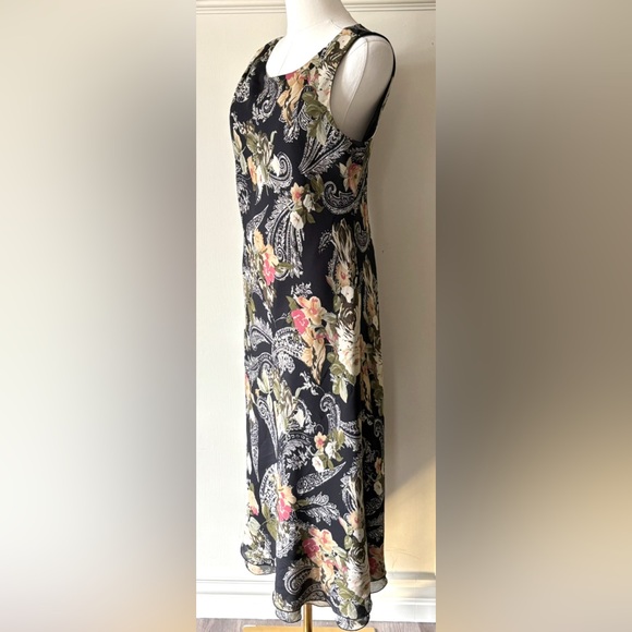 Vintage 90s Made in Canada Black Asymmetrical Ruffle Hem Paisley Floral Dress‎ - Picture 8 of 11